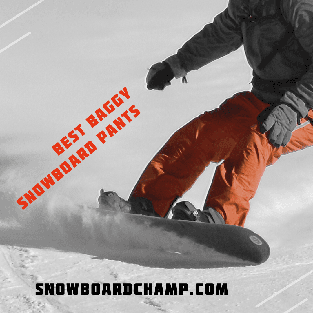 A snowboarder wearing baggy pants mid-air against a snowy mountain backdrop