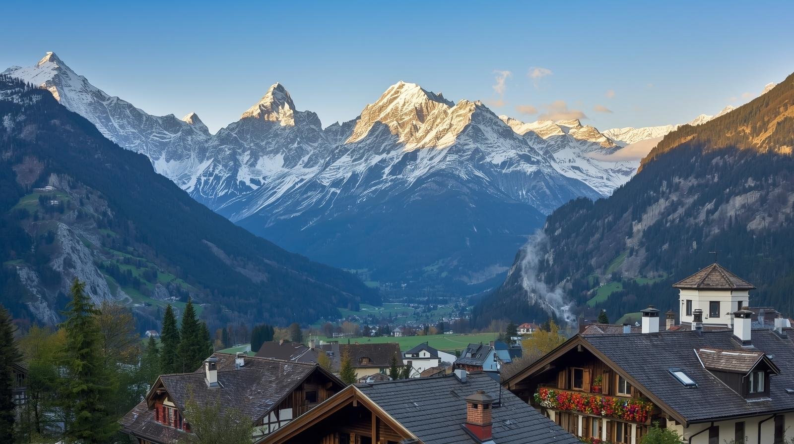 A breathtaking view of the Alps with a charming European village nestled in the valley.