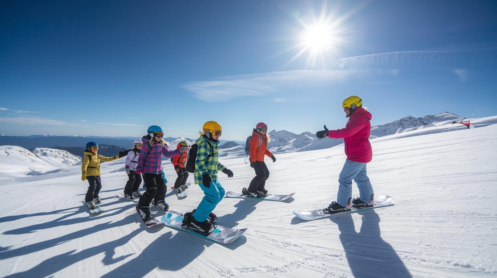 A group of beginner snowboarders learning on a sunny day with an instructor.