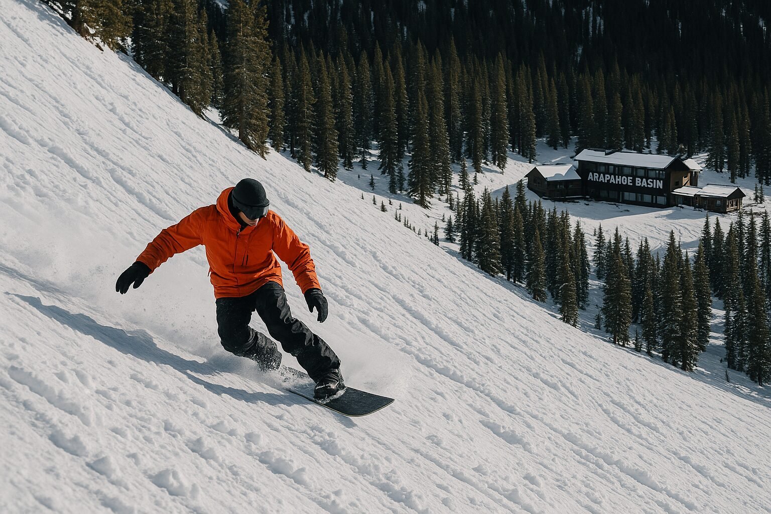 A snowboarder carving down a steep, ungroomed run at Arapahoe Basin.