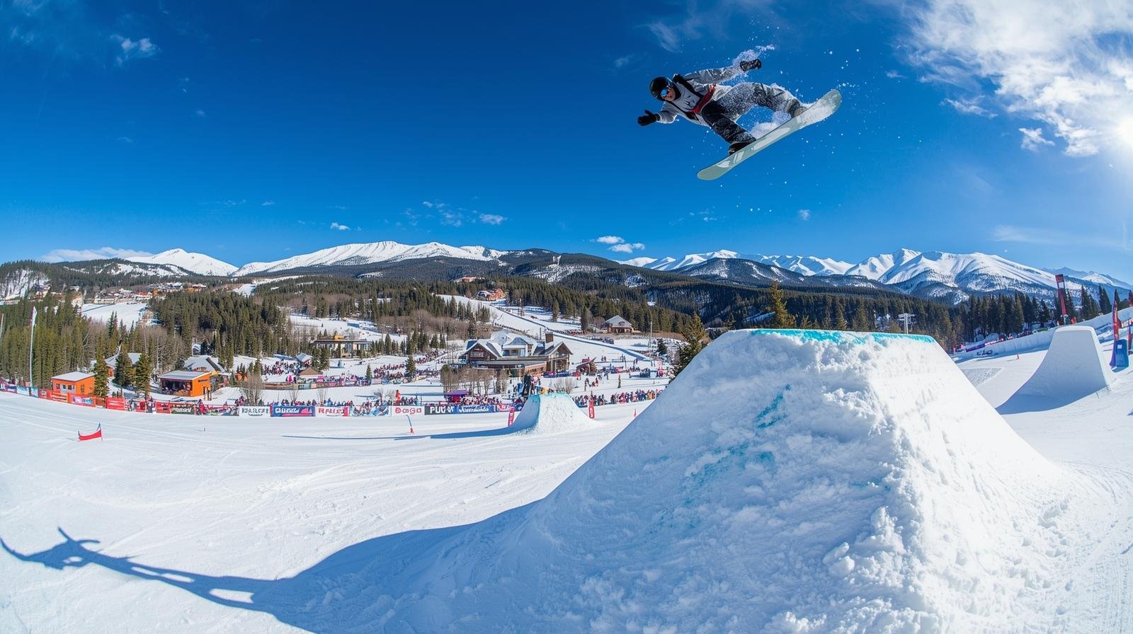 A snowboarder hitting a large jump in a terrain park at Breckenridge.