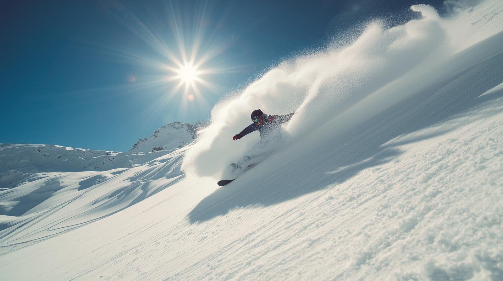 Snowboarder carving fresh powder on a sunny day