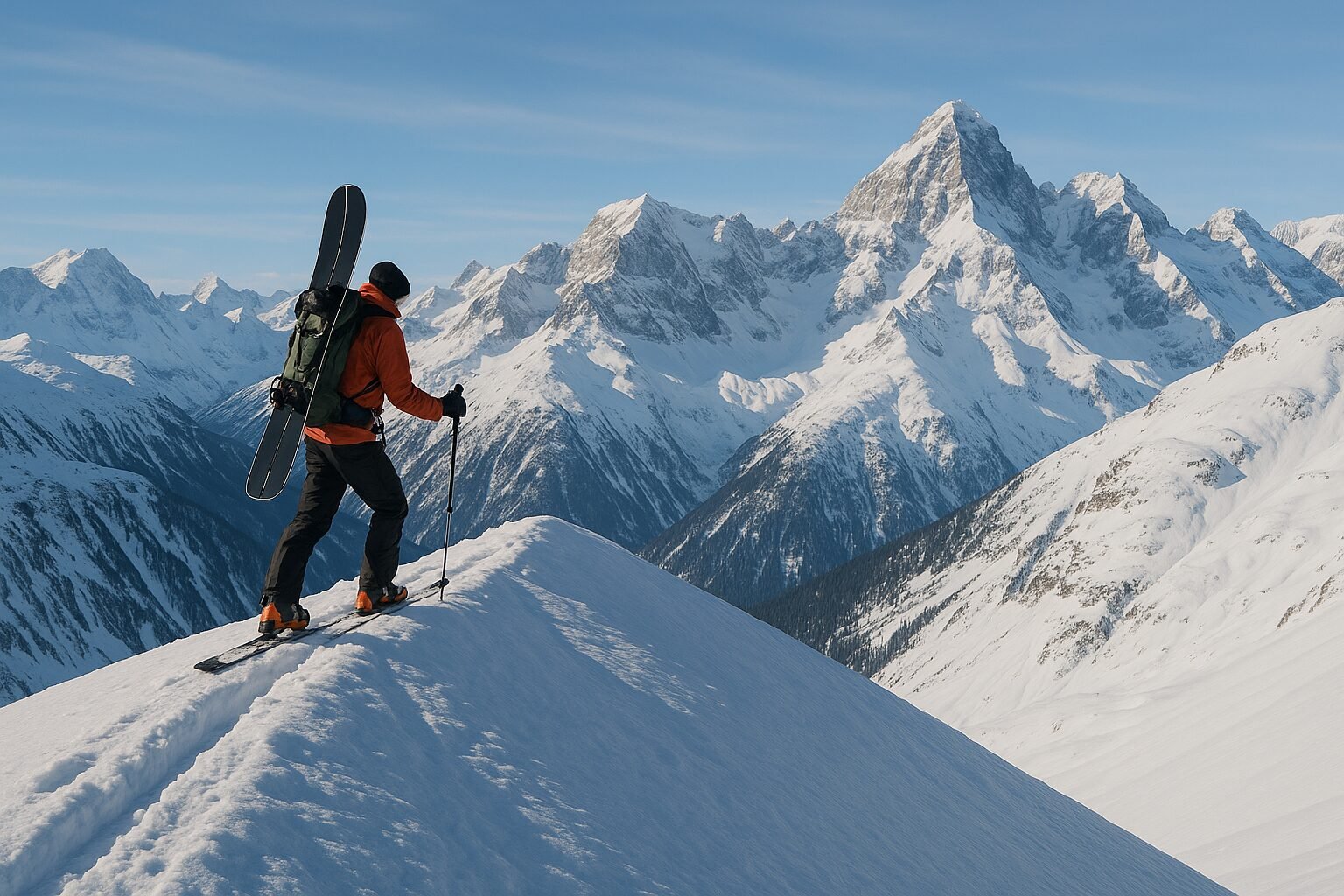 A lone splitboarder hiking up a snowy ridge with epic mountains in the background.