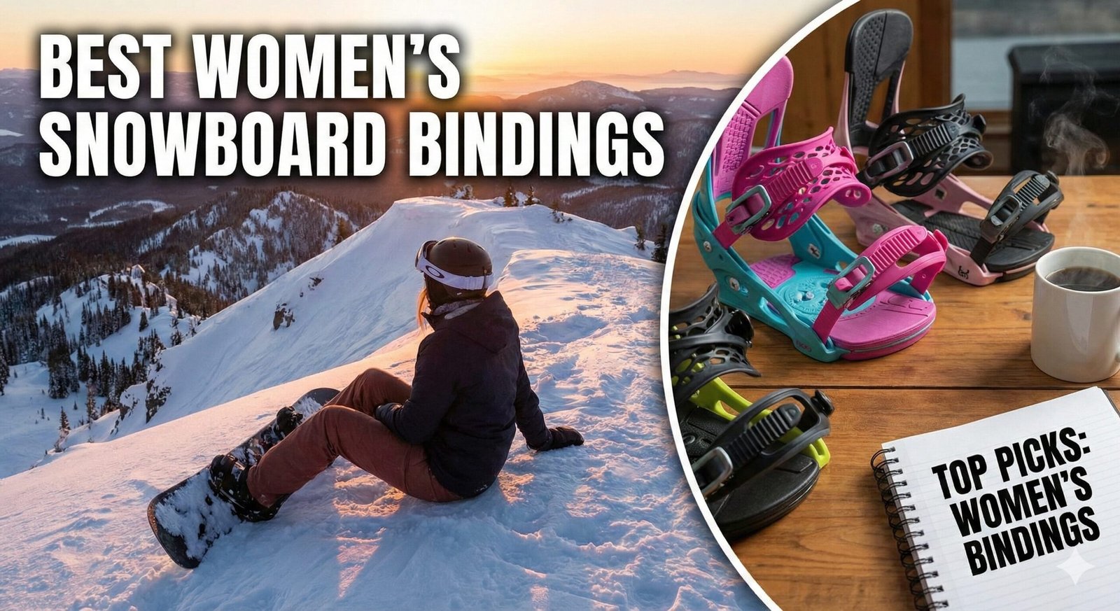 Female snowboarder carving powder with high performance bindings