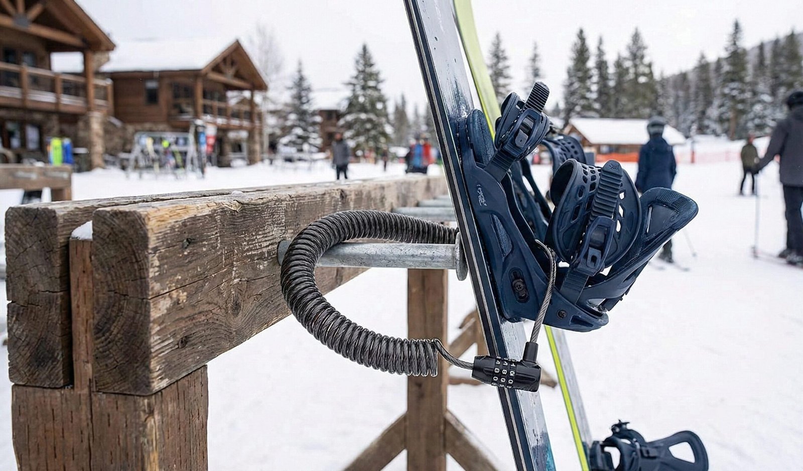 Close up of a snowboard lock securing gear to a rack at a ski resort