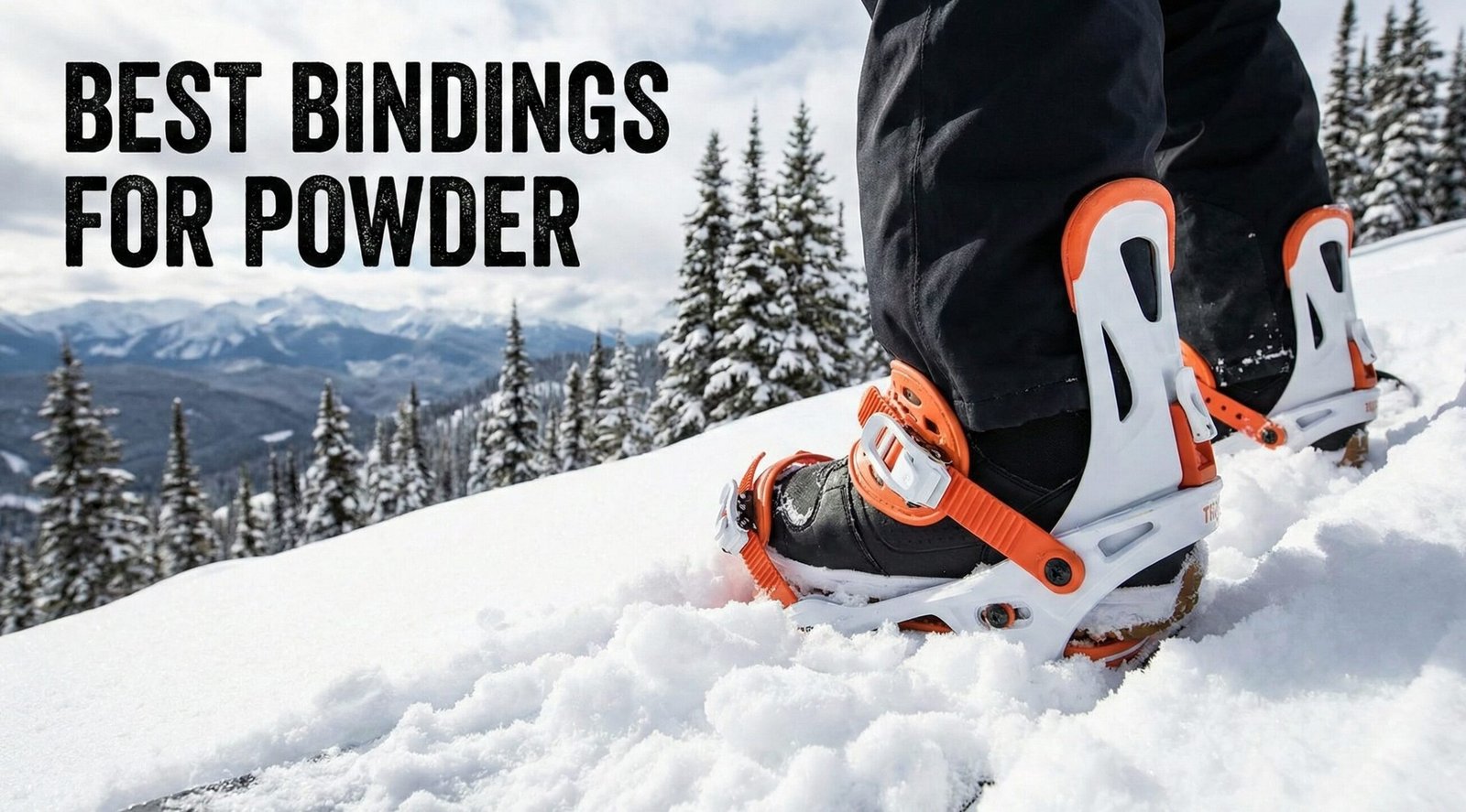 Snowboarder riding deep powder with bindings