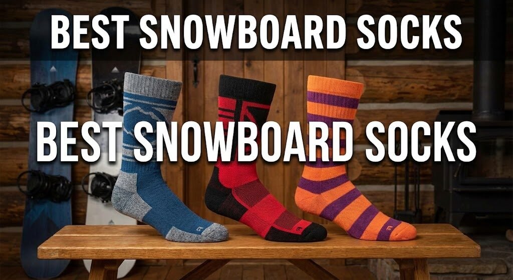 Close up of snowboarder putting on merino wool socks in a lodge