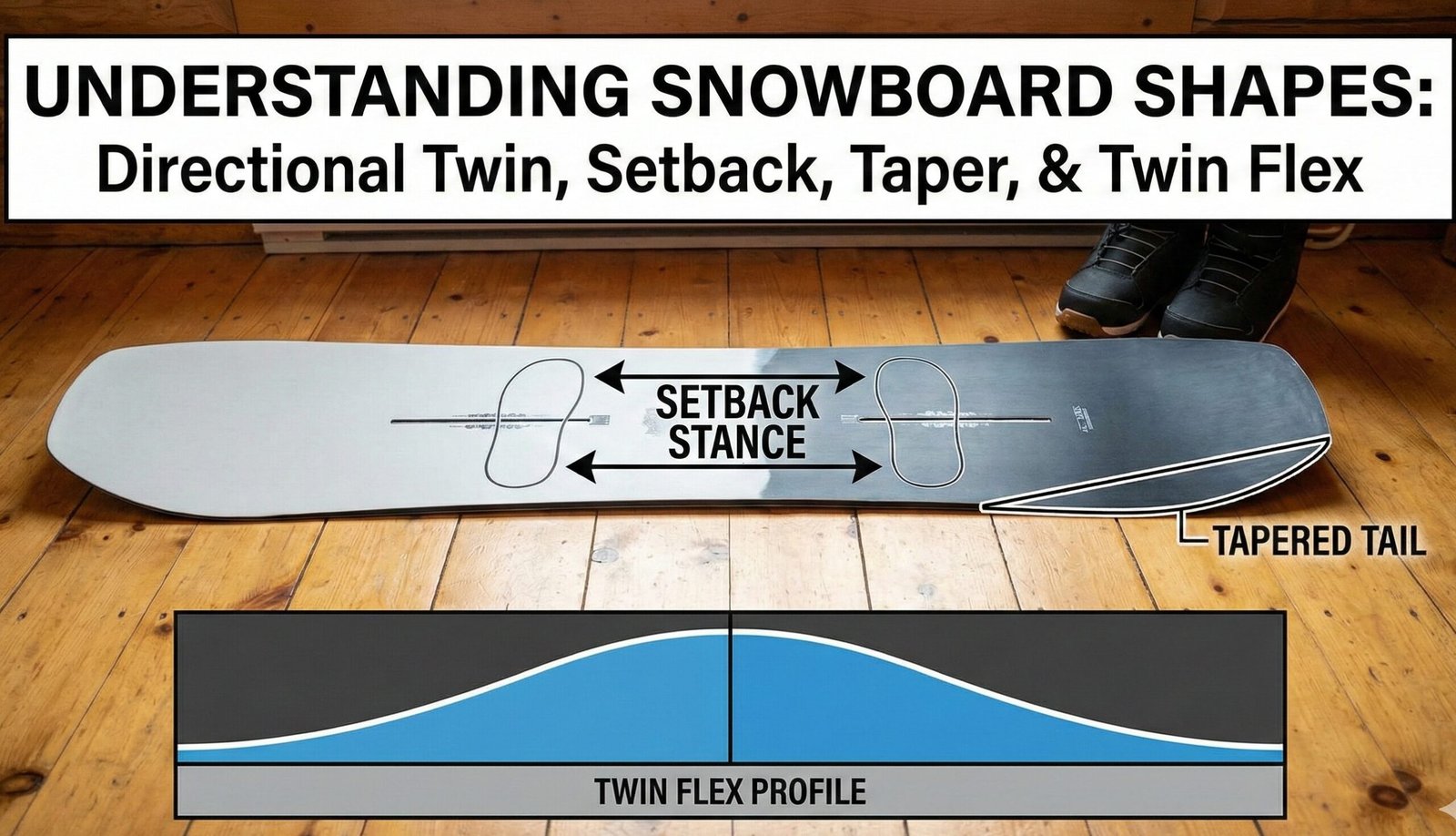 Directional twin snowboard with setback stance, tapered tail, and twin flex profile
