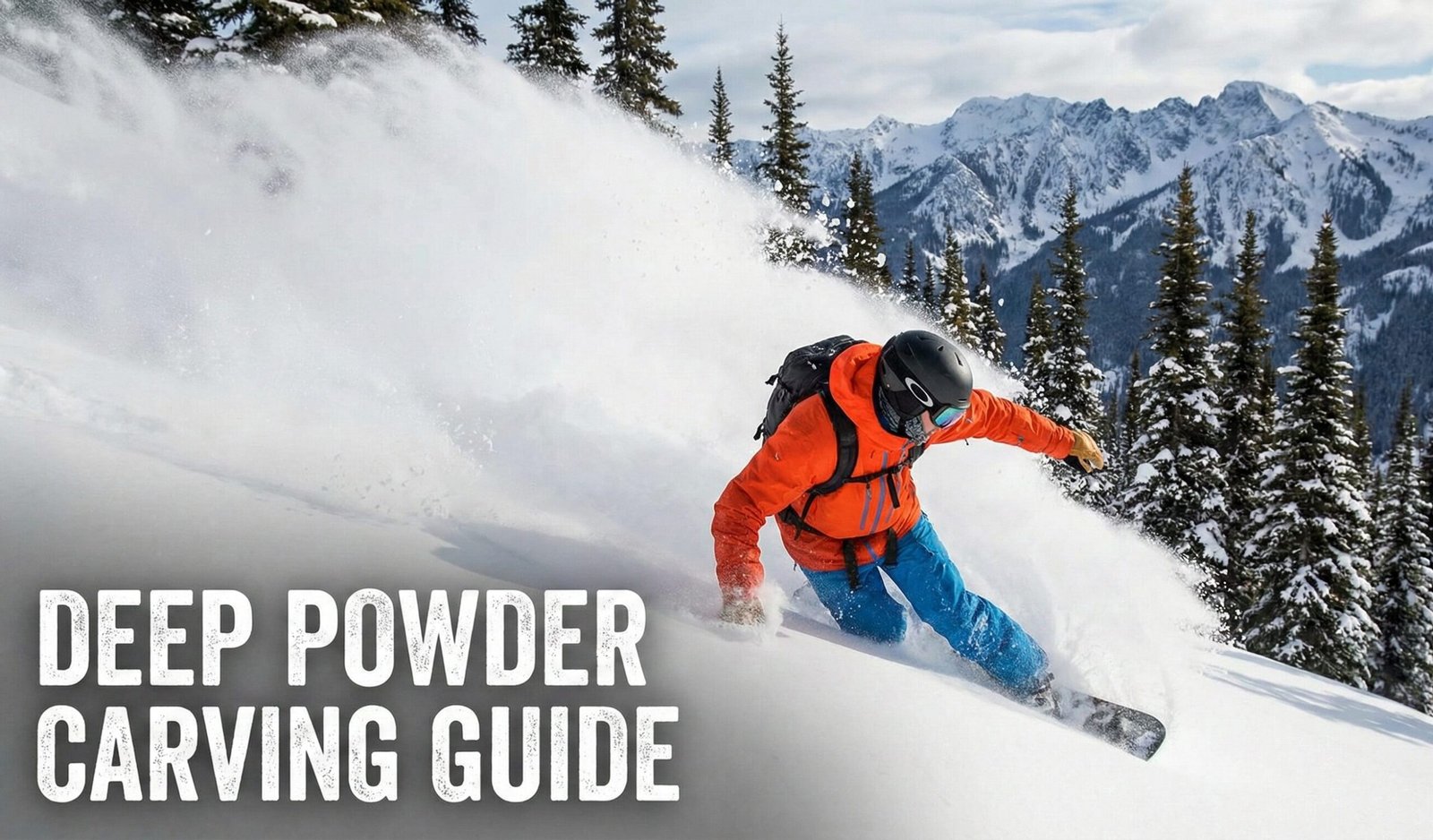 Snowboarder carving in deep powder, board sizing reference