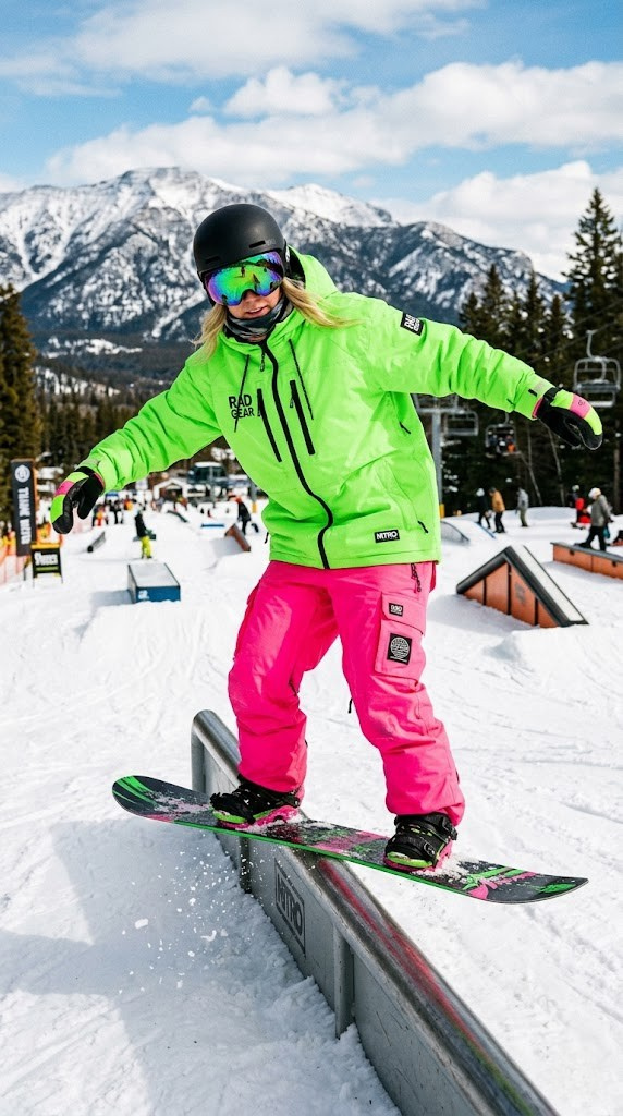 Bright neon green and hot pink park snowboarding outfit