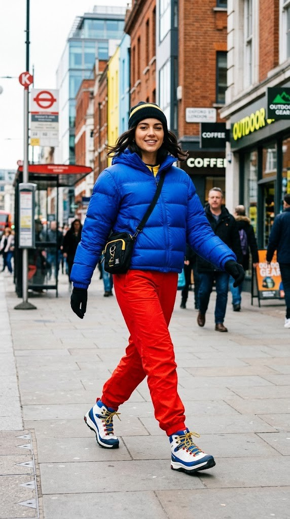 Bold primary color blocking snowboarding outfit