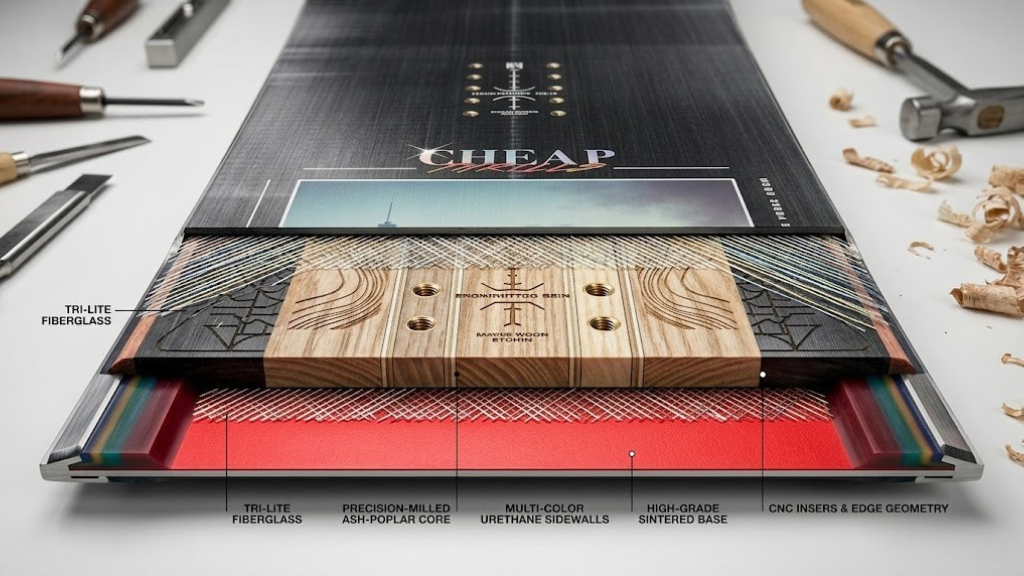 Close-up of Nitro snowboard construction showing premium materials and craftsmanship
