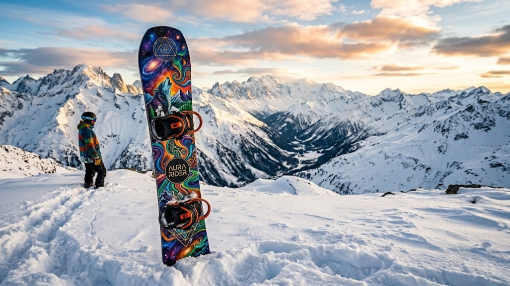Custom painted snowboard with vivid graphics on snow-covered mountain