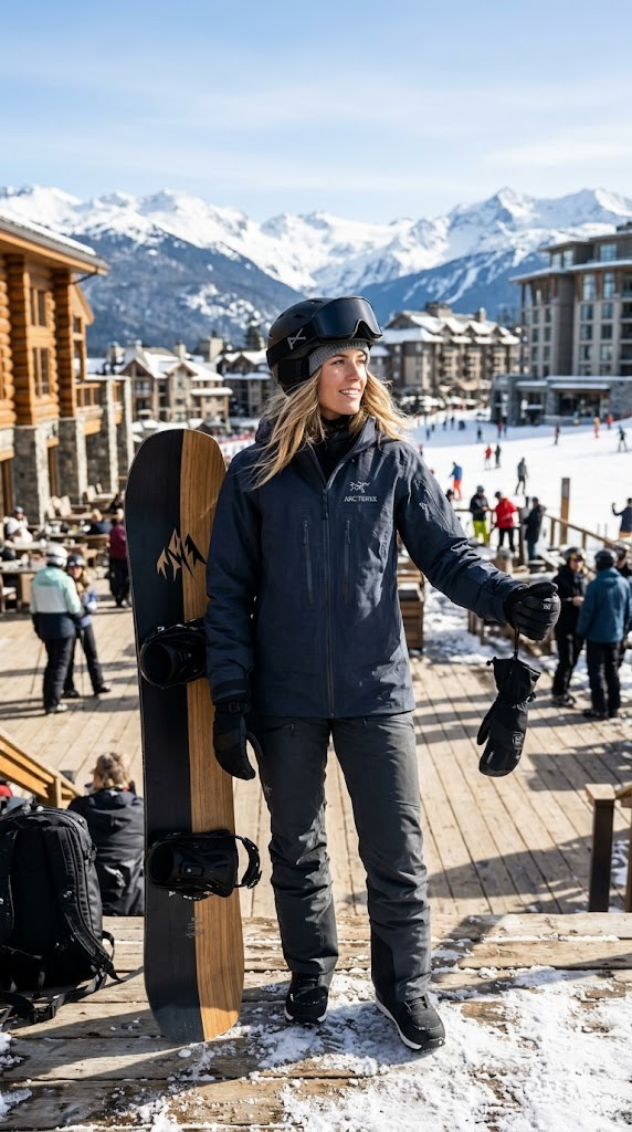 Luxury designer snowboarding outfit with premium materials