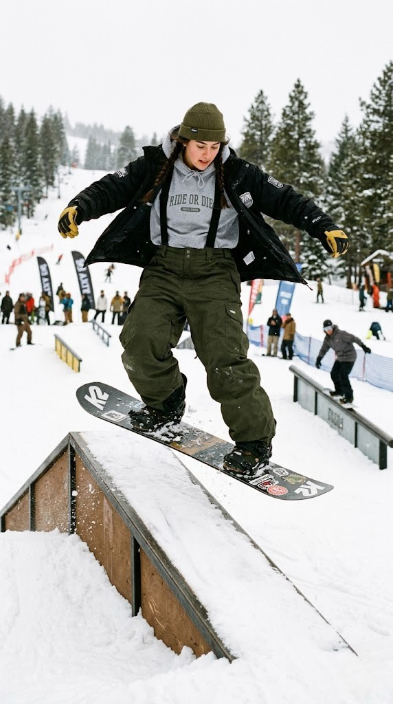 Oversized baggy snowboarding pants with graphic hoodie and beanie