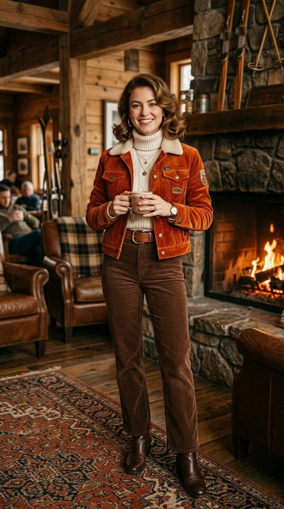 Retro 70s ski lodge inspired snowboarding outfit with earth tones