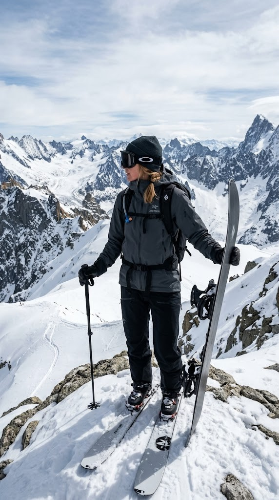 Minimalist grey and black backcountry snowboarding outfit