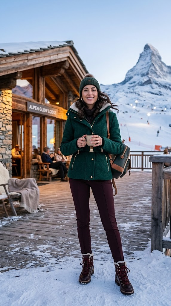 Stylish snowboarding outfit that transitions well to après-ski
