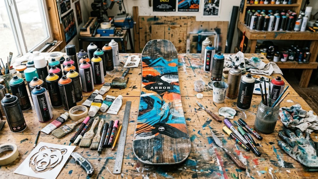 Snowboard laying flat surrounded by spray paint cans and artist tools
