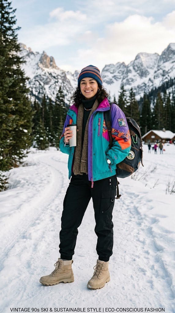 Vintage thrifted snowboarding outfit with retro styling