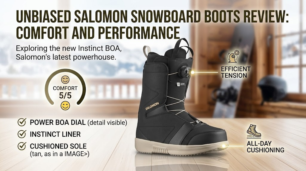 Lineup of Salomon snowboard boot models laid out on snow